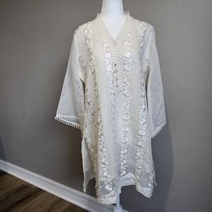 Designer Agha Noor Original Off-White Embroidered Lined Organza Shirt / Dress